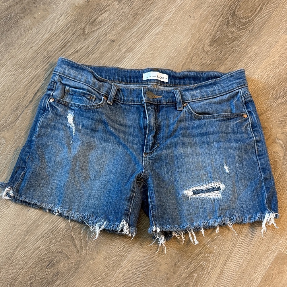 LOFT Dark Blue Frayed Jean Shorts